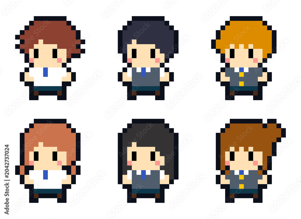 Fototapeta premium 8-bit Pixel Art High School Student Character Set