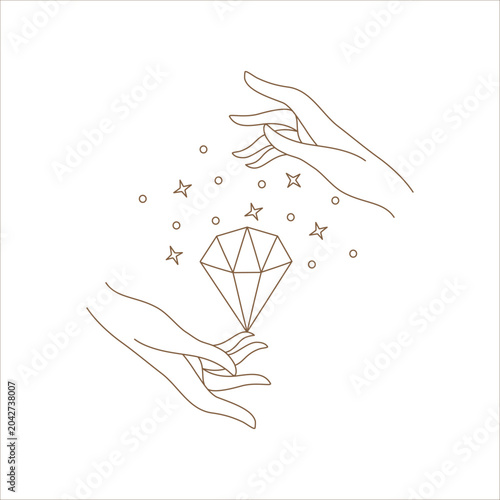 The Magic Celestial Elegant Hand Reaching for Sun, Star, and Diamond collection features a minimalist, brown-toned design, perfect for tarot cards, digital prints, astrological illustrations and more