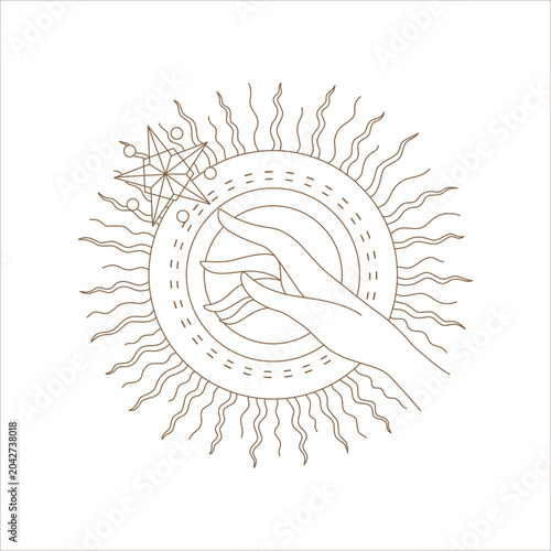 The Magic Celestial Elegant Hand Reaching for Sun, Star, and Diamond collection features a minimalist, brown-toned design, perfect for tarot cards, digital prints, astrological illustrations, and more