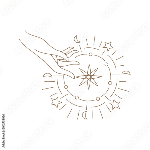 The Magic Celestial Elegant Hand Reaching for Sun, Star, and Diamond collection features a minimalist, brown-toned design, perfect for tarot cards, digital prints, astrological illustrations, and more