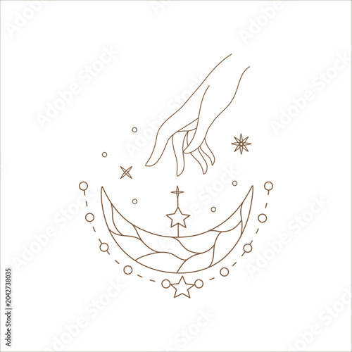 The Magic Celestial Elegant Hand Reaching for Sun, Star, and Diamond collection features a minimalist, brown-toned design, perfect for tarot cards, digital prints, astrological illustrations and more
