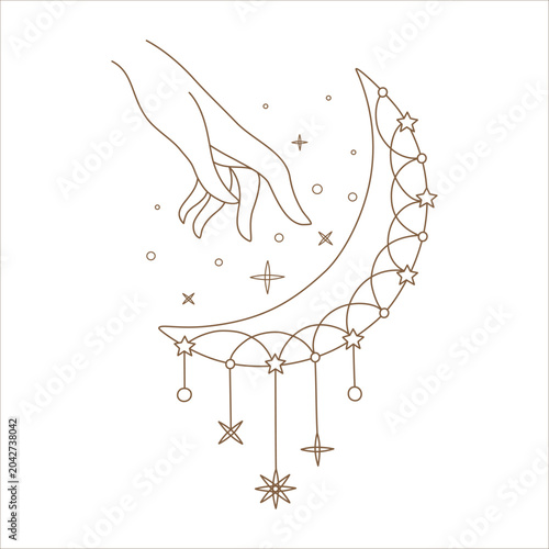 The Magic Celestial Elegant Hand Reaching for Sun, Star, and Diamond collection features a minimalist, brown-toned design, perfect for tarot cards, digital prints, astrological illustrations and more