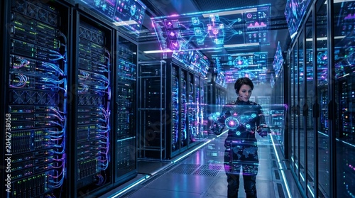 High tech futuristic server room with glowing blue and purple lights and holographic data streams illustrating cybersecurity.