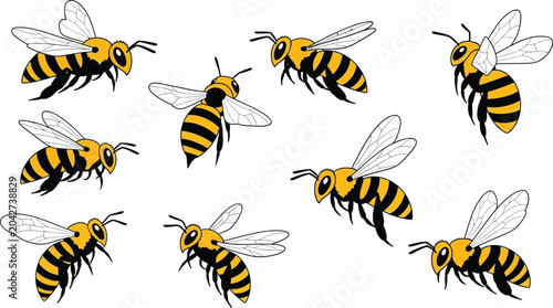 Foto Bees, yellow and black striped insects with transparent wings, flying in various