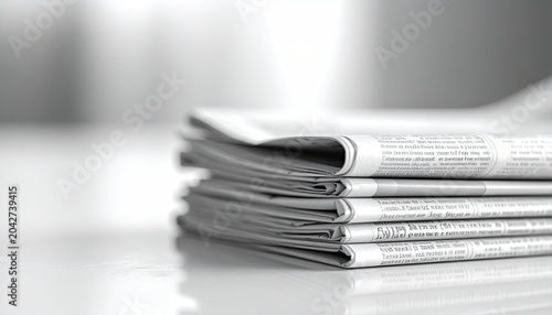 Stack of folded newspapers on a white surface, blurred background, in black and white