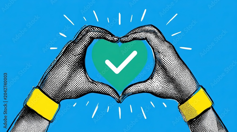 Fototapeta premium Vibrant halftone graphic of black-white dotted hands with yellow wrist cuffs creating central heart frame, solid teal green field with inner white checkmark and outward radiant white