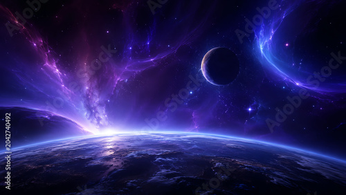 A stunning view of Earth's atmosphere against a cosmic backdrop, depicting planets and vibrant colors in deep space.