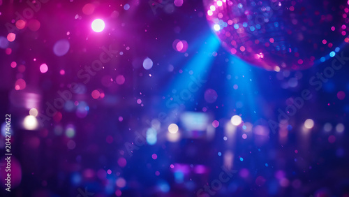 A vibrant dance floor illuminated with colorful lights and a sparkling disco ball, creating a lively party atmosphere.