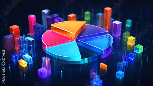 A vibrant digital pie chart represented in 3D with colorful bars, showcasing data visualization and analytics concepts.