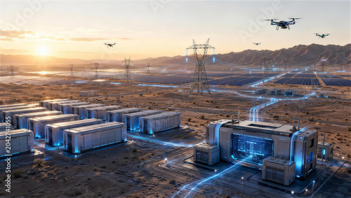 Smart Grid Energy Hub: A futuristic smart grid energy hub powers a desert landscape at sunset, with solar panels, wind turbines, power lines, battery storage.