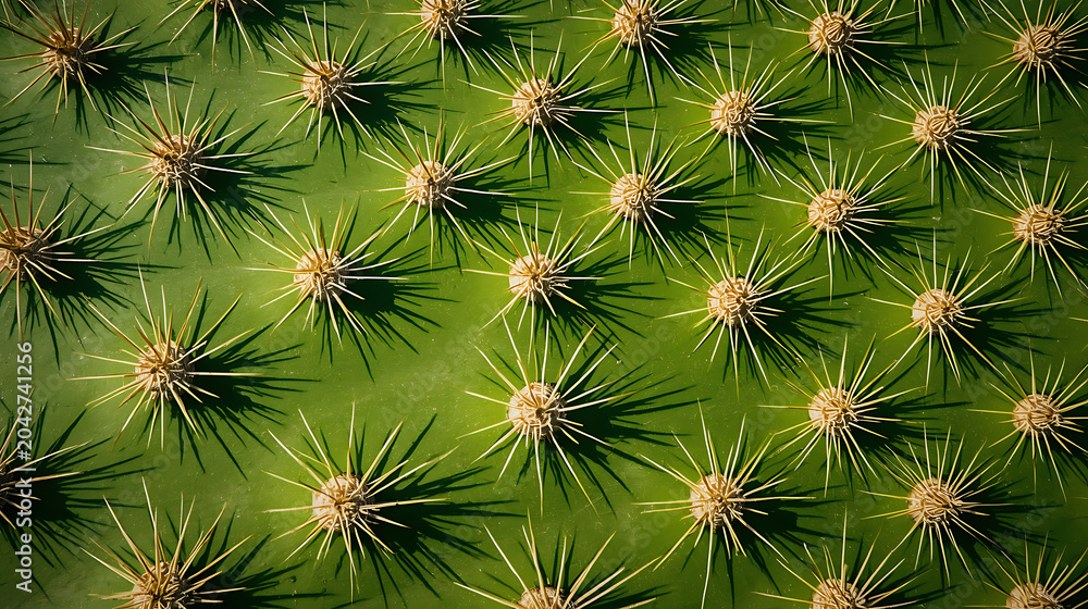 Fototapeta premium This is a close-up image of a prickly pear cactus (Opuntia) pad featuring sharp spines