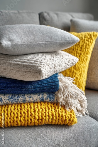 Stack of pillows and blankets on a gray couch, showcasing textures and color accents