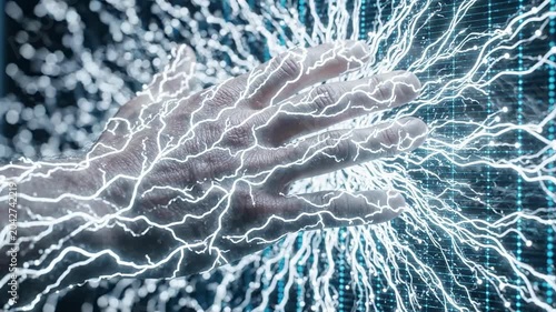 Man's hand touching a glowing blue digital grid interface