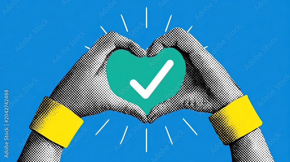 Naklejka premium Vibrant halftone graphic of black-white dotted hands with yellow wrist cuffs creating central heart frame, solid teal green field with inner white checkmark and outward radiant white