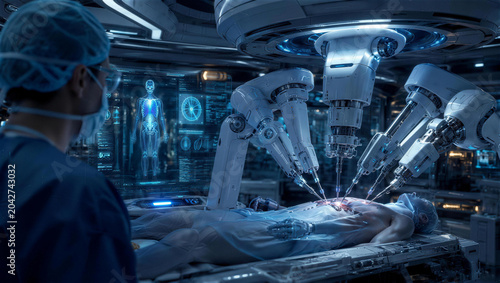 Robotic Surgery Future: A surgeon in scrubs oversees a complex robotic surgery, with advanced medical technology and holographic displays enhancing the precision of the procedure.