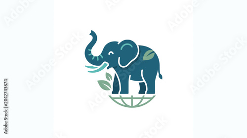 Cute Elephant Logo with Leaves on Globe Symbol