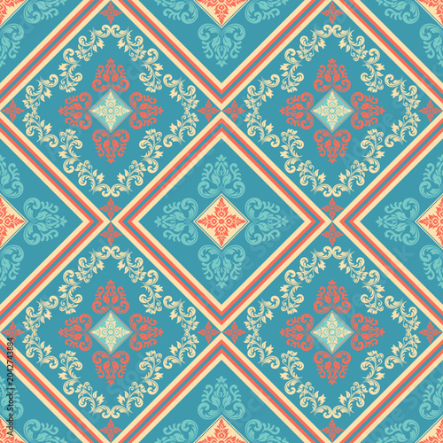 Seamless Damask Pattern with Diamonds and Floral Motifs