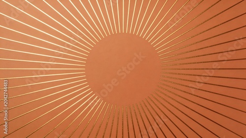 Golden sunburst lines on elegant terracotta background, luxury geometric sun beam frame with central copy space, minimal abstract art deco vector backdrop