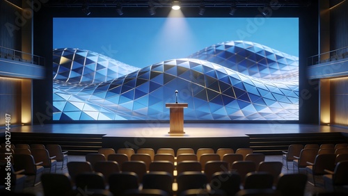 Modern Auditorium Stage with Wooden Podium and Large LED Screen Displaying Abstract Blue Geometric Wave Pattern for Conference Presentation