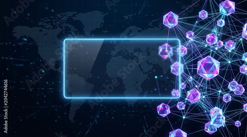 Futuristic digital technology background with glassmorphism screen frame, glowing 3D abstract network nodes, and dotted world map for global business data presentation