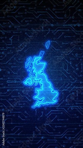 4K Resolution, United Kingdom Country Digital Electric Futuristic Technology Map, Suitable for Tech events, Science, Politics, Elections, News and Sports Events