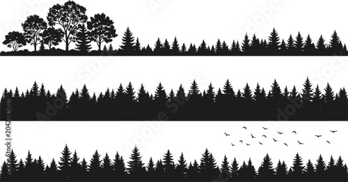 Forest treeline silhouettes with pine and deciduous trees including flying birds for nature landscape design vector