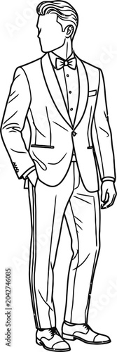 Fashion Illustration of a Dapper Man Wearing a Classic Tuxedo Suit.