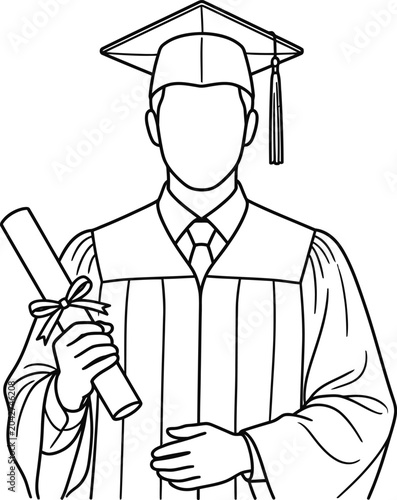 Line art illustration of a graduate student holding a diploma.