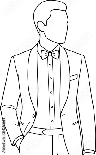 Line art illustration of a man wearing a formal tuxedo