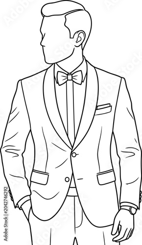 Line art illustration of a man wearing a formal tuxedo suit 