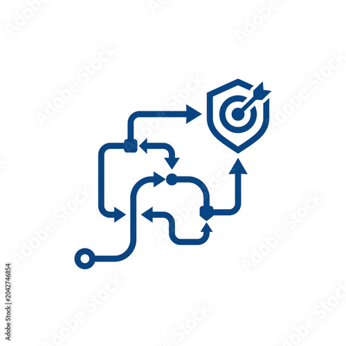 Complex business strategy flowchart icon ending in a secure shield and target symbolizing safe navigation and successful project completion