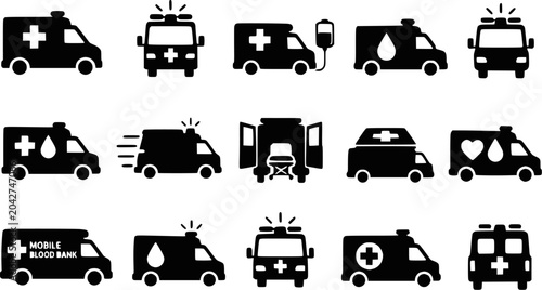 Ambulance blood bank van emergency vehicle silhouettes vector icon set isolated