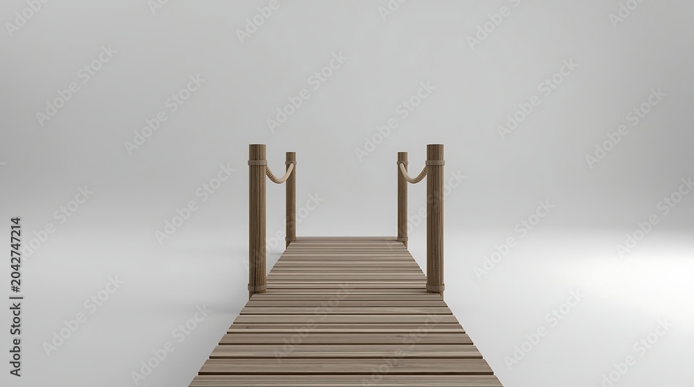 Naklejka premium Wooden dock extending into the distance with rope railings and a bright background.