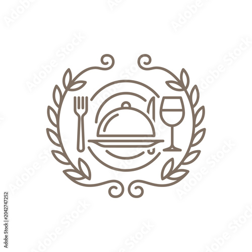 Elegant fine dining restaurant emblem with wreath and cloche.