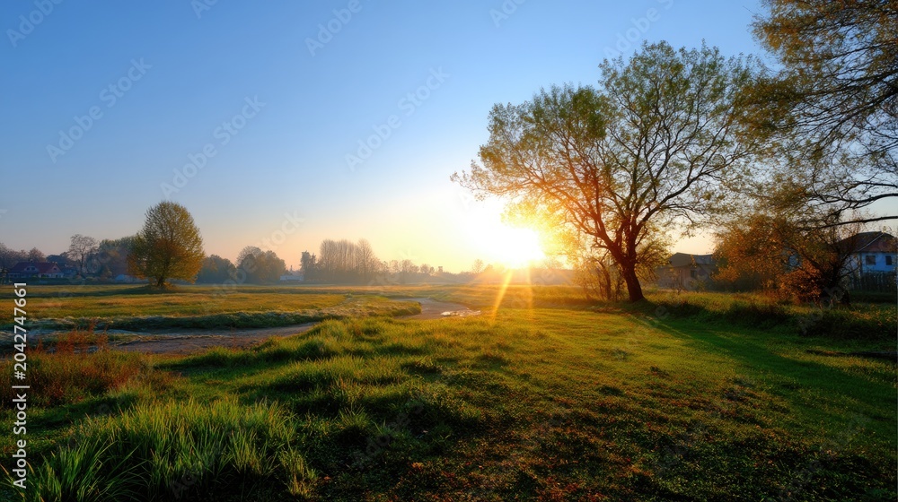 Fototapeta premium Serene Sunrise over Tranquil Meadow with Lush Green Grass and Peaceful Landscape in Early Morning Light