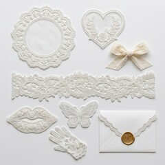 Elegant white lace design elements for wedding and vintage crafts.