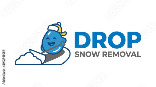 Vector illustration of a cheerful water drop character shoveling snow, promoting a snow removal service.