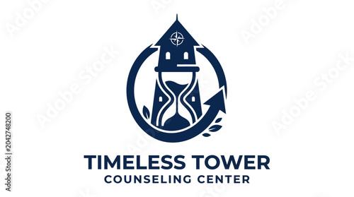 Foto Hourglass tower logo with circular arrow and leaves for timeless counseling cent