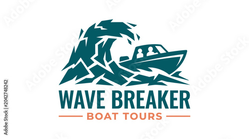 Foto Boat navigating a large wave, wave breaker logo concept, adventure and travel th