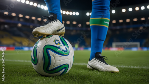 Soccer goalkeeper wearing green and white gloves crouching on field ready to catch ball