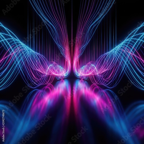 Symmetrical blue and purple light fiber optic abstract background.
