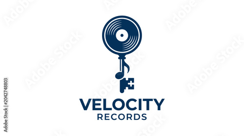 Music key logo with vinyl record and note, velocity records concept