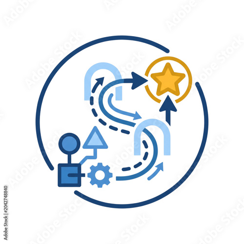 Complex business process icon depicting a winding strategic roadmap with connected nodes gears and a final star representing a systematic journey to successful project completion