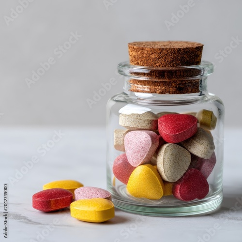 Colorful Heart-Shaped Candy in Glass Jar with Cork Lid on Marble Surface