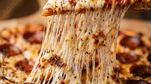 A slice of pepperoni pizza being lifted with melted cheese strings.