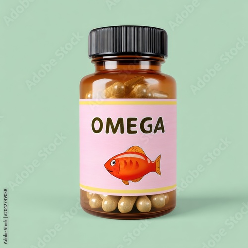 Omega Supplement Bottle with Capsules and Vibrant Fish Graphic in Minimalist Style