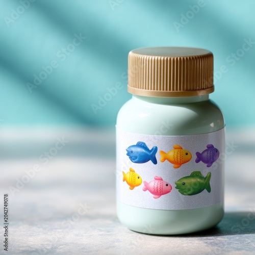 Colorful Fish Illustrations on a Cute Light Blue Bottle with a Stylish Lid in a Bright and Playful Setting
