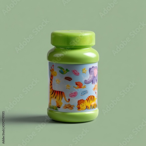 Colorful playful jar with animal stickers featuring a tiger, an elephant, and playful shapes on a green background