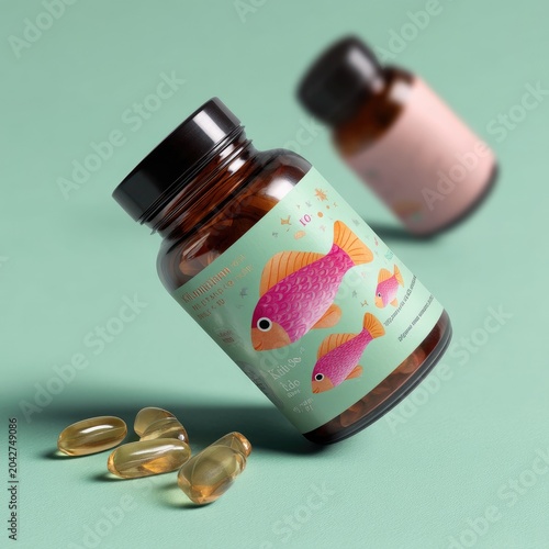 Playful Fish Design on Vitamin Bottle with Gel Capsules in Stylish Setting