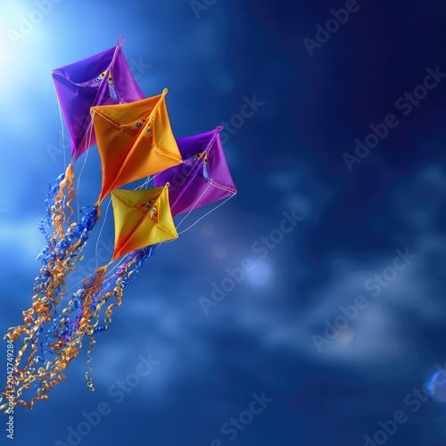 Colorful Kites Flying in a Bright Blue Sky with Sunlight and Swirling Ribbons for Recreation and Celebration